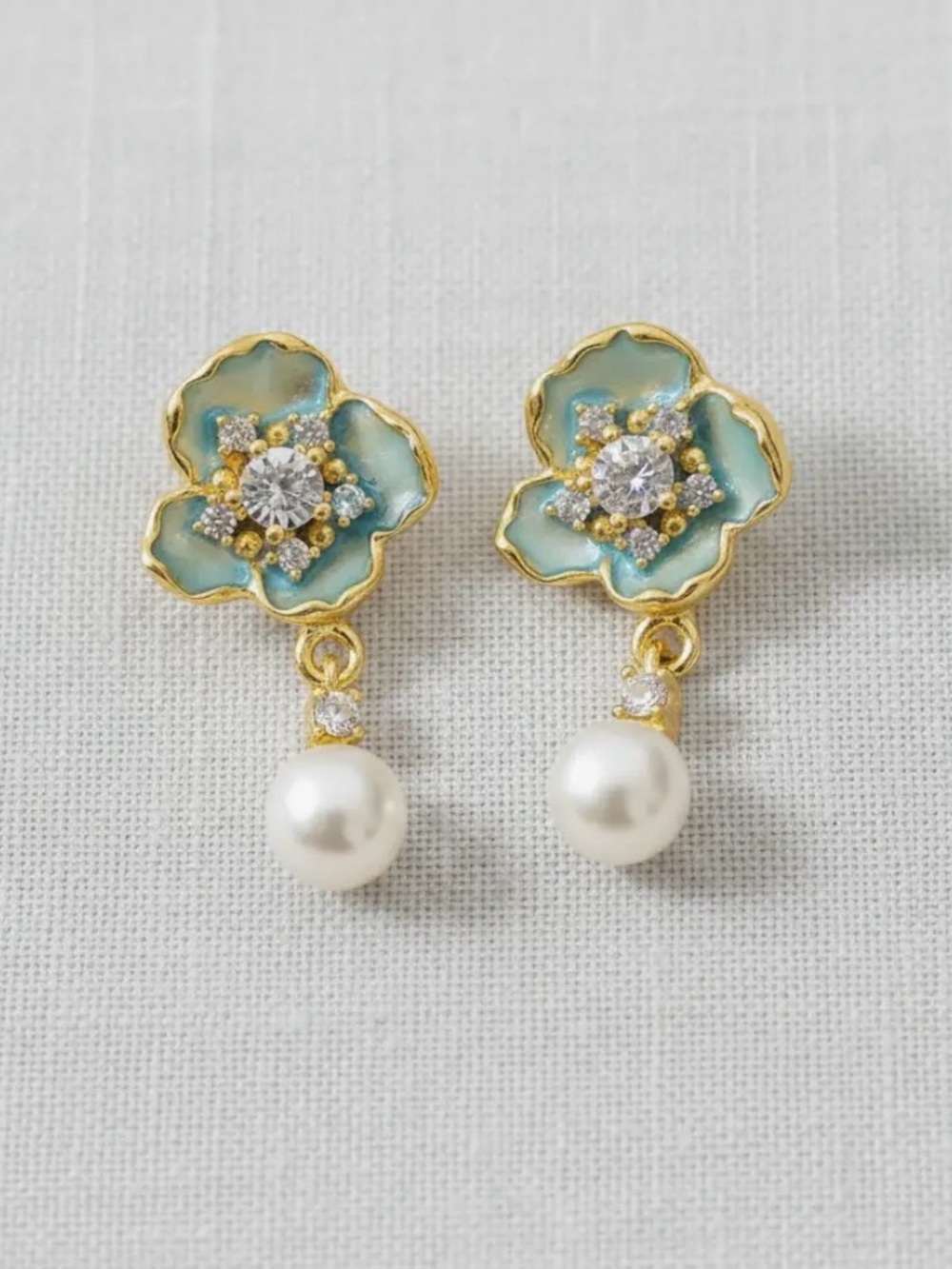 Gold Floral Drop Earrings with Aqua Enamel and Pearl